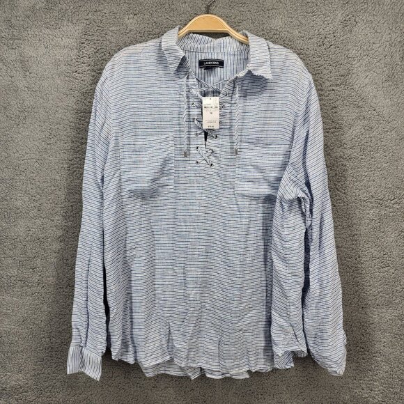 LANDS' END Womens Size 18 Blue and White Striped 100% Linen Popover Top Collared - Picture 1 of 8